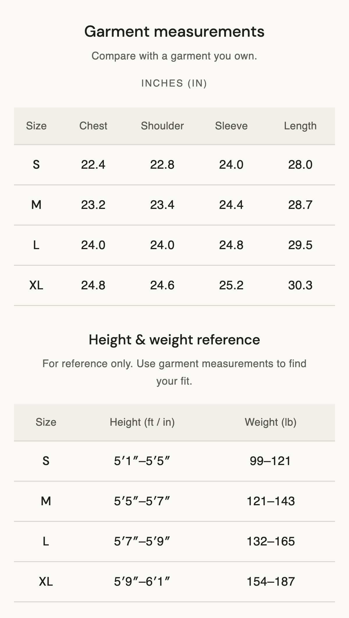 Size chart
