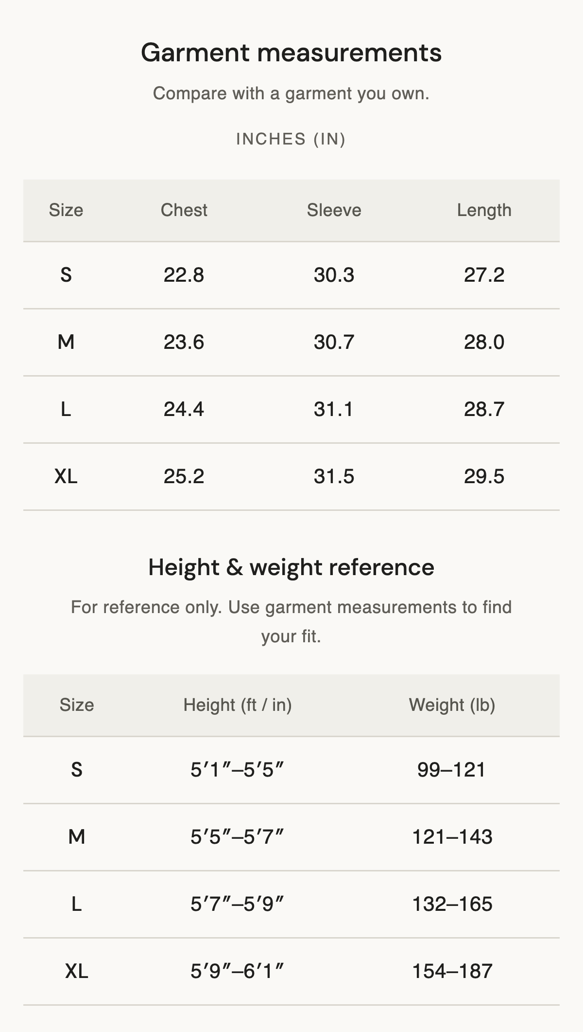 Size chart