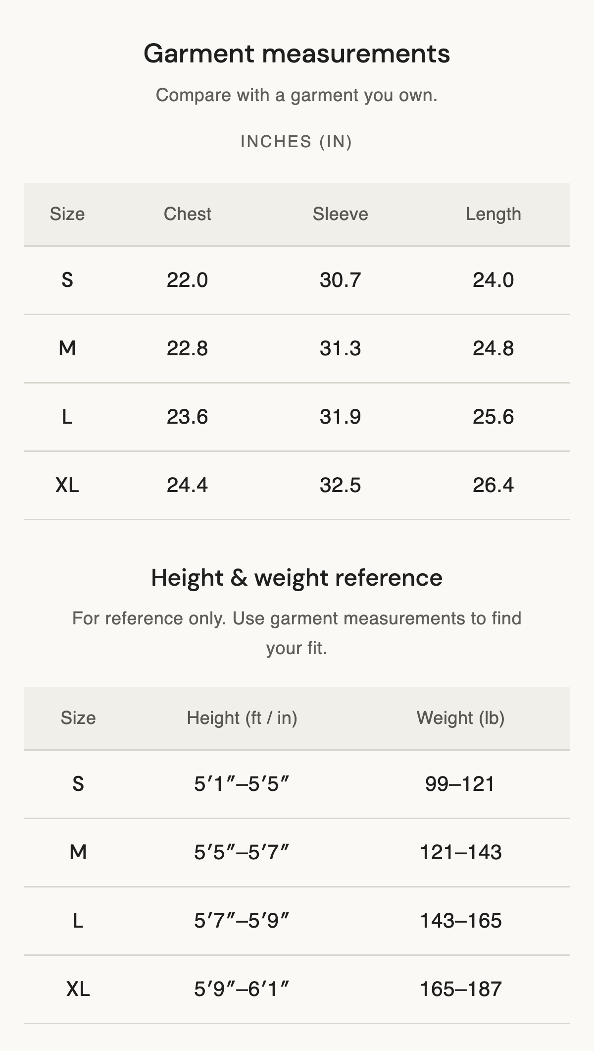 Size chart