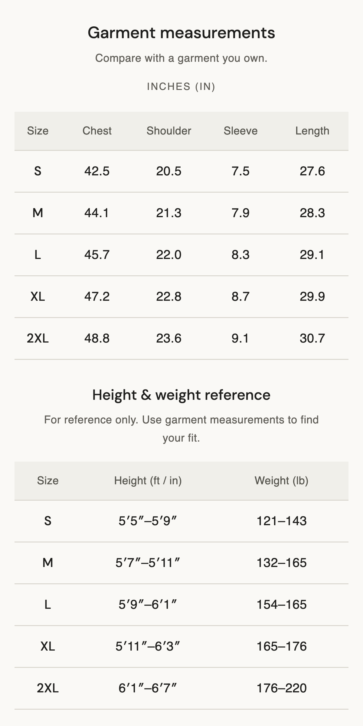 Size chart