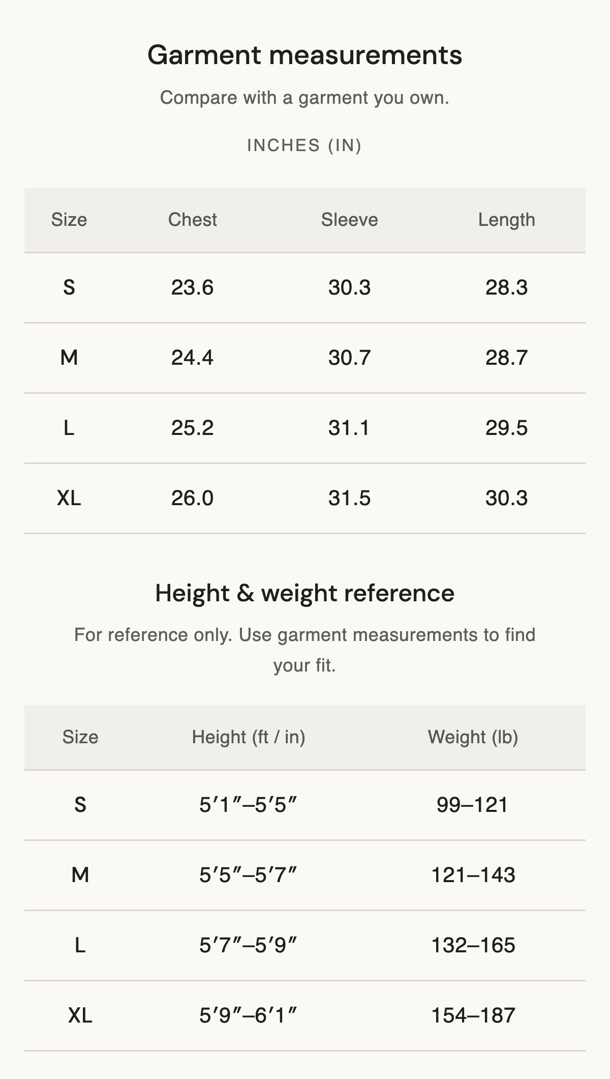 Size chart