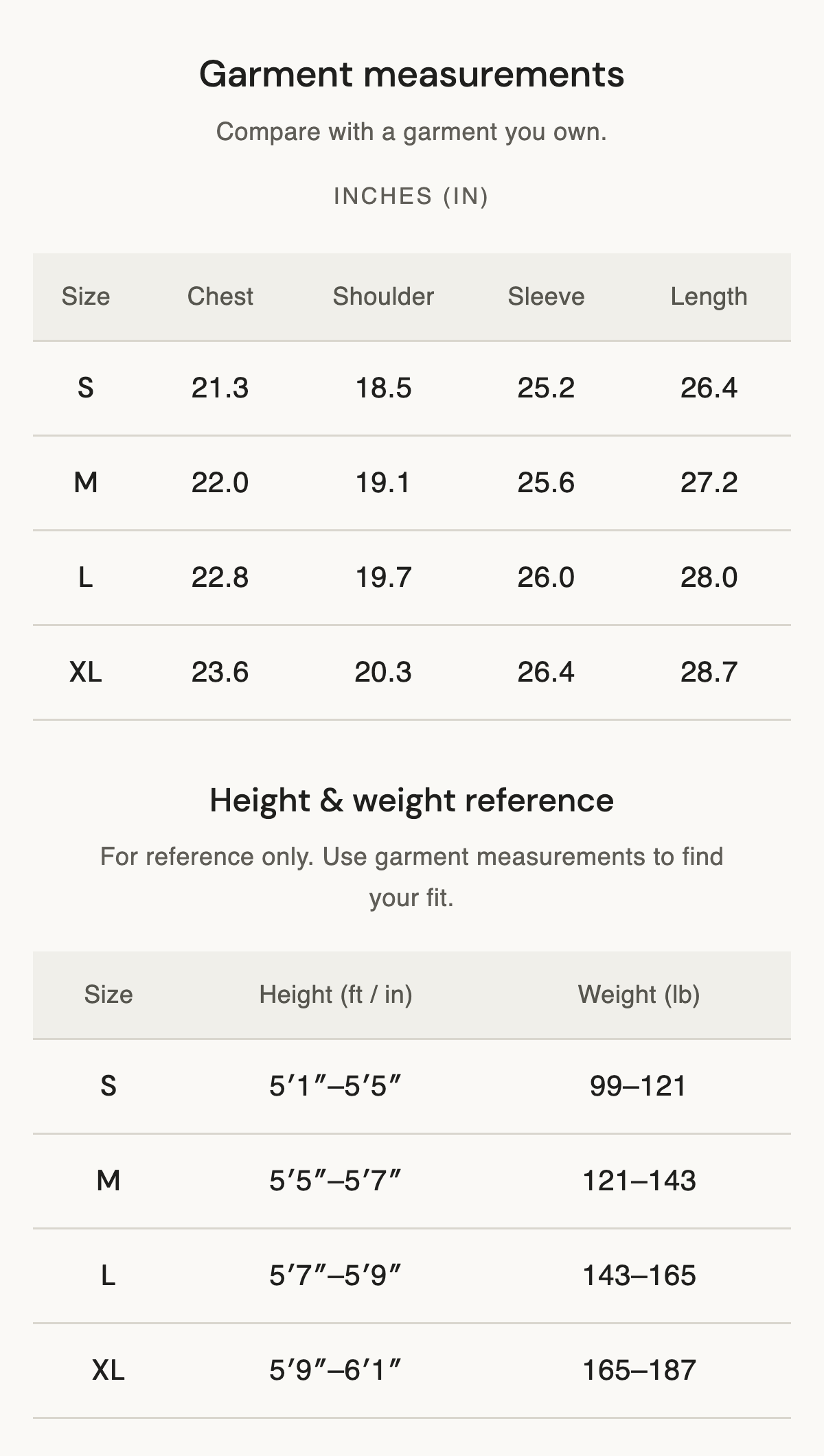 Size chart