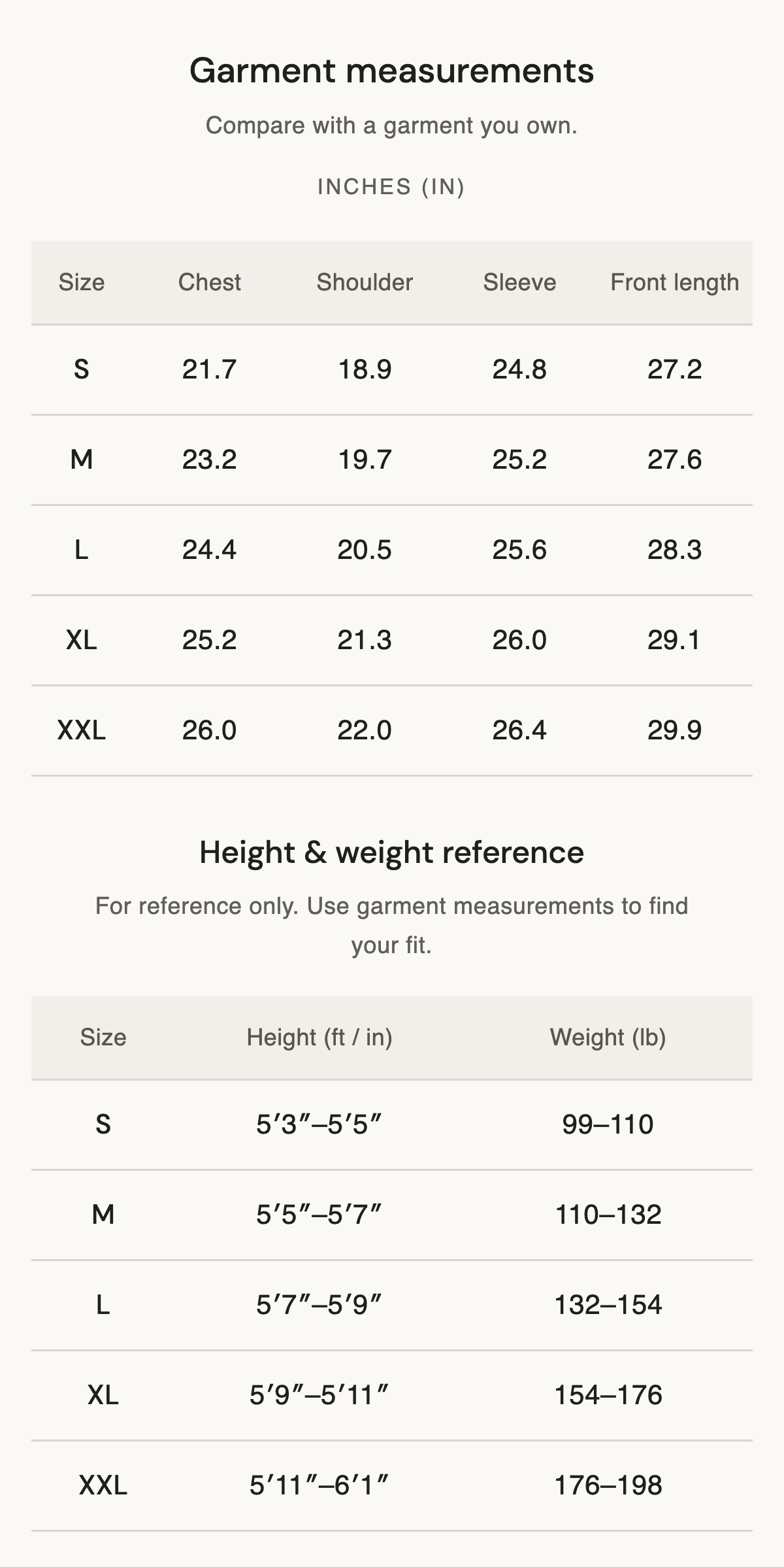 Size chart