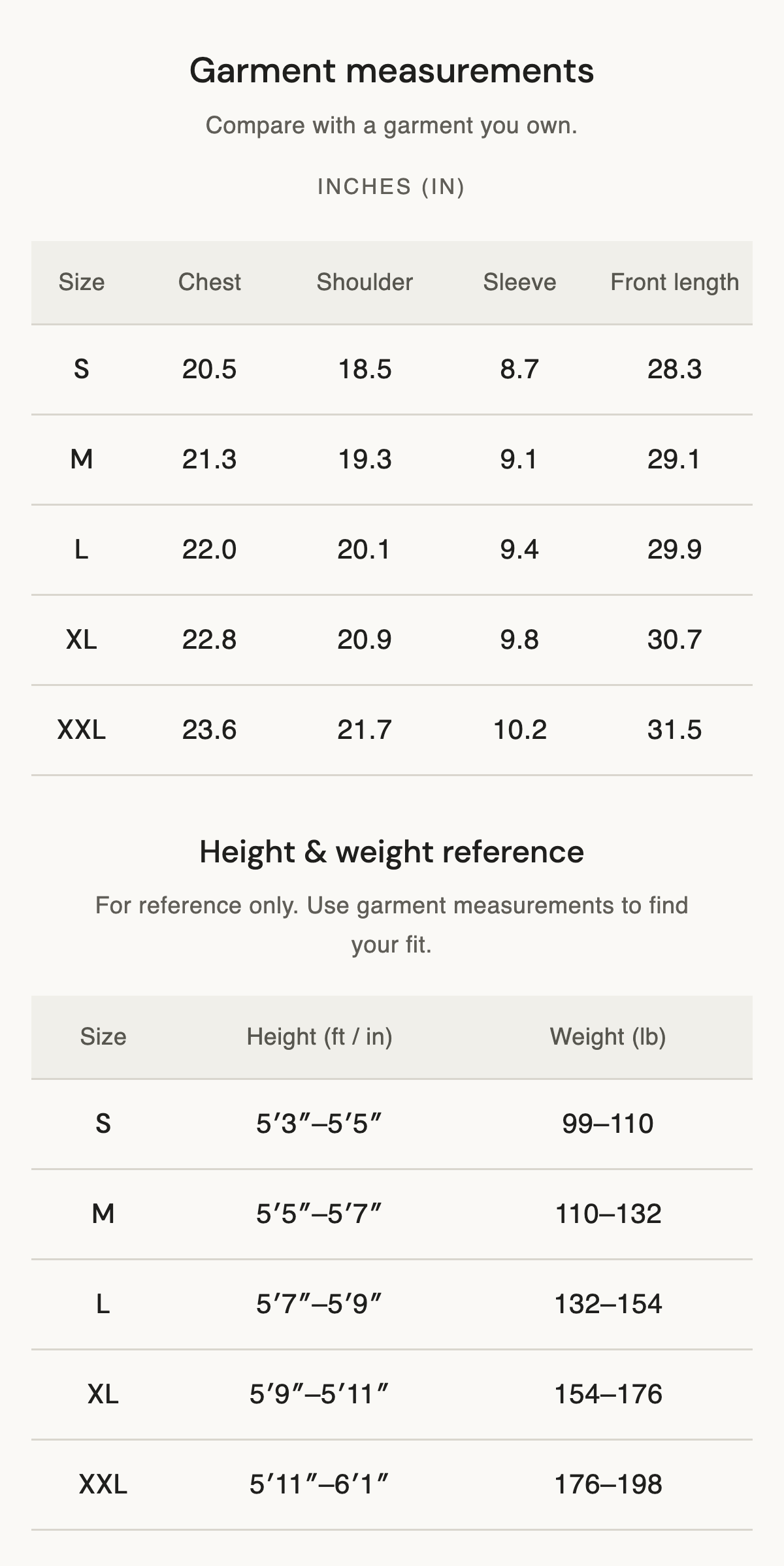 Size chart