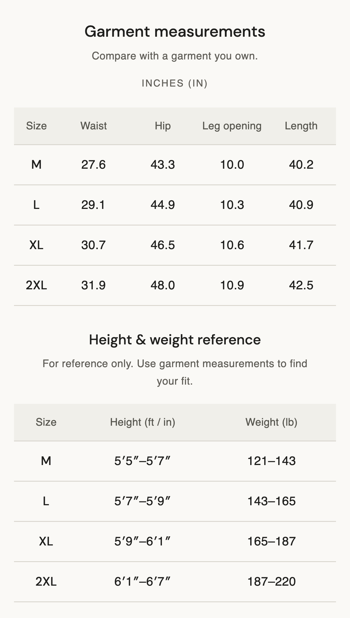 Size chart
