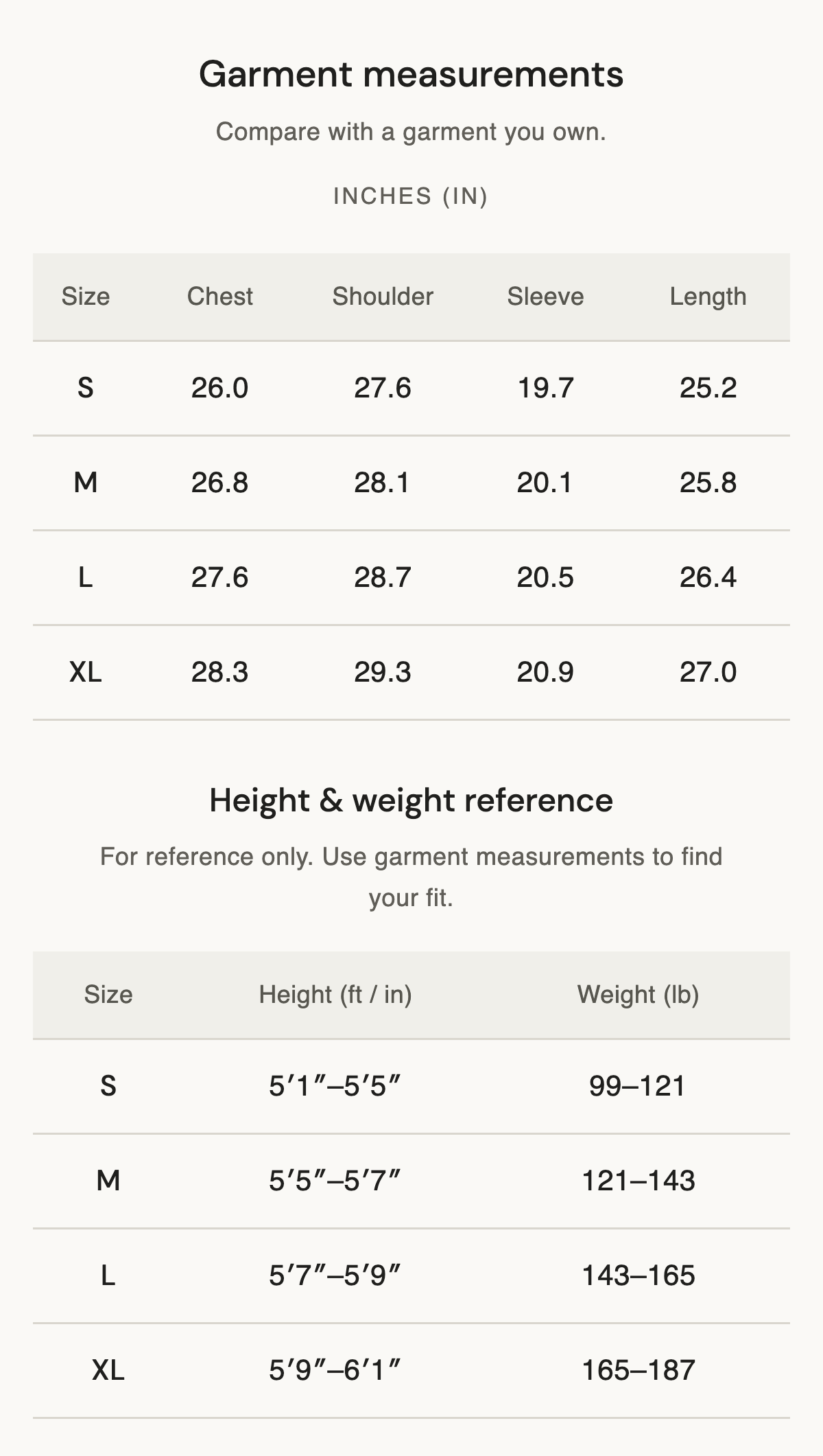 Size chart