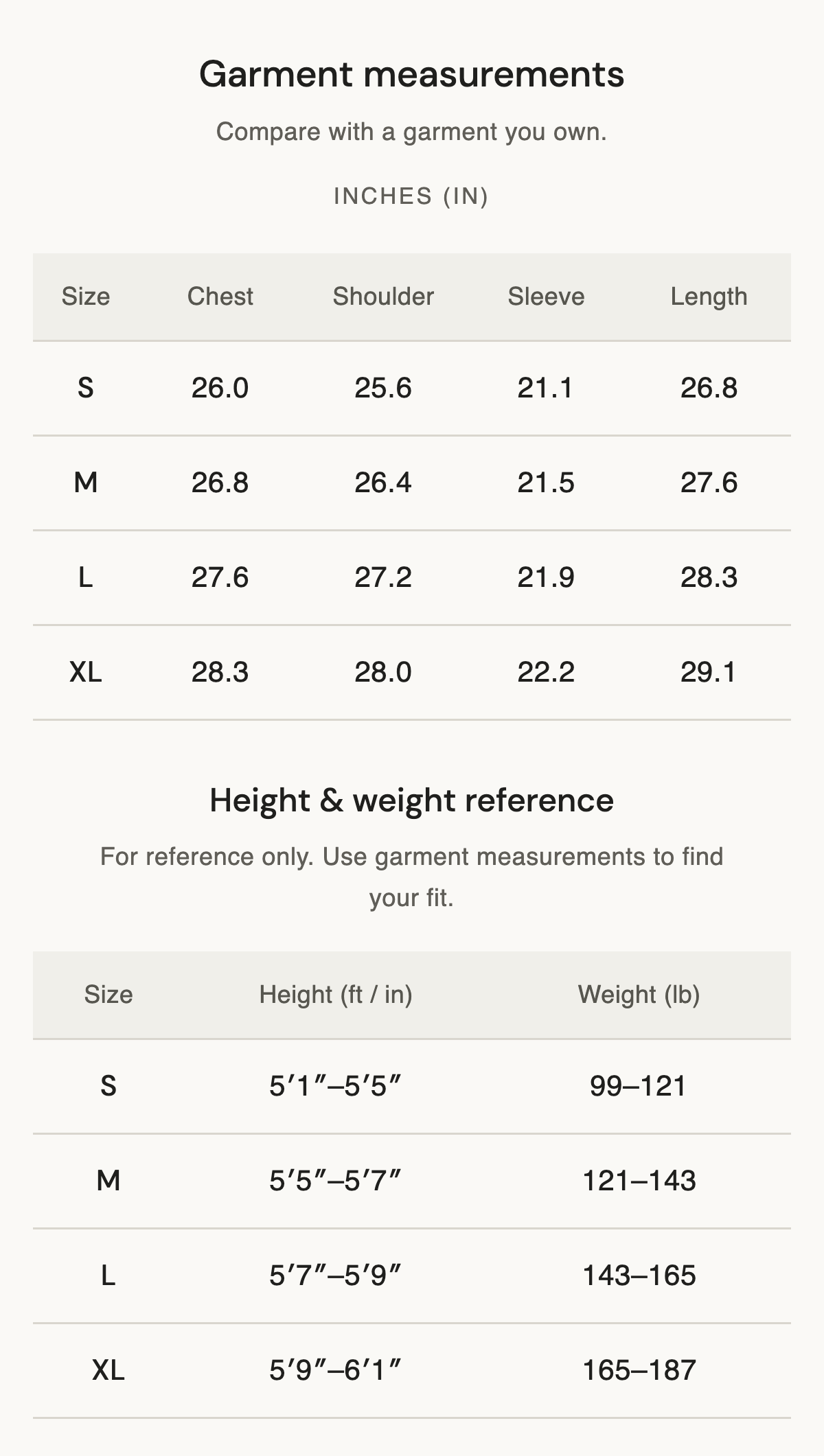 Size chart
