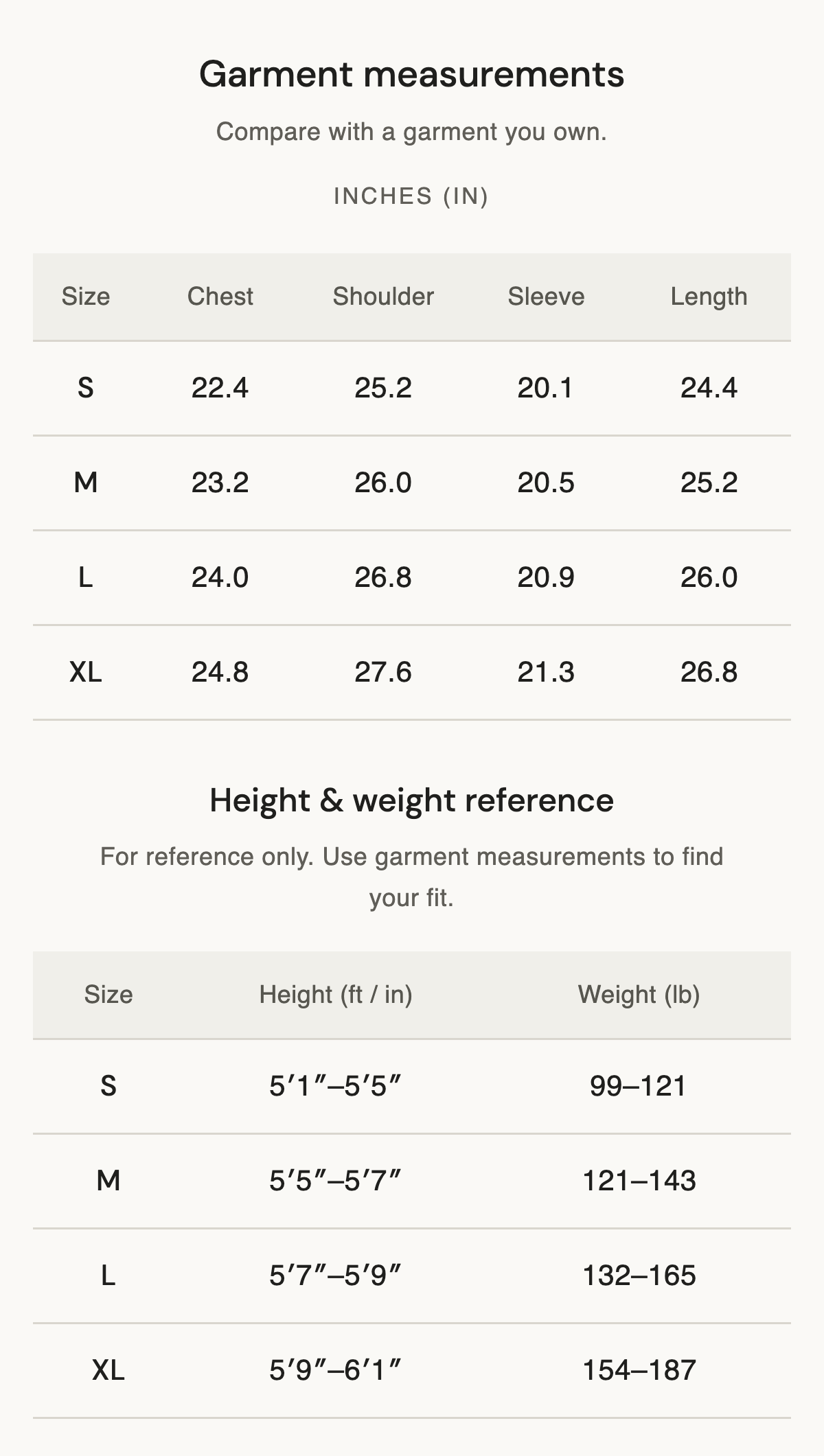 Size chart