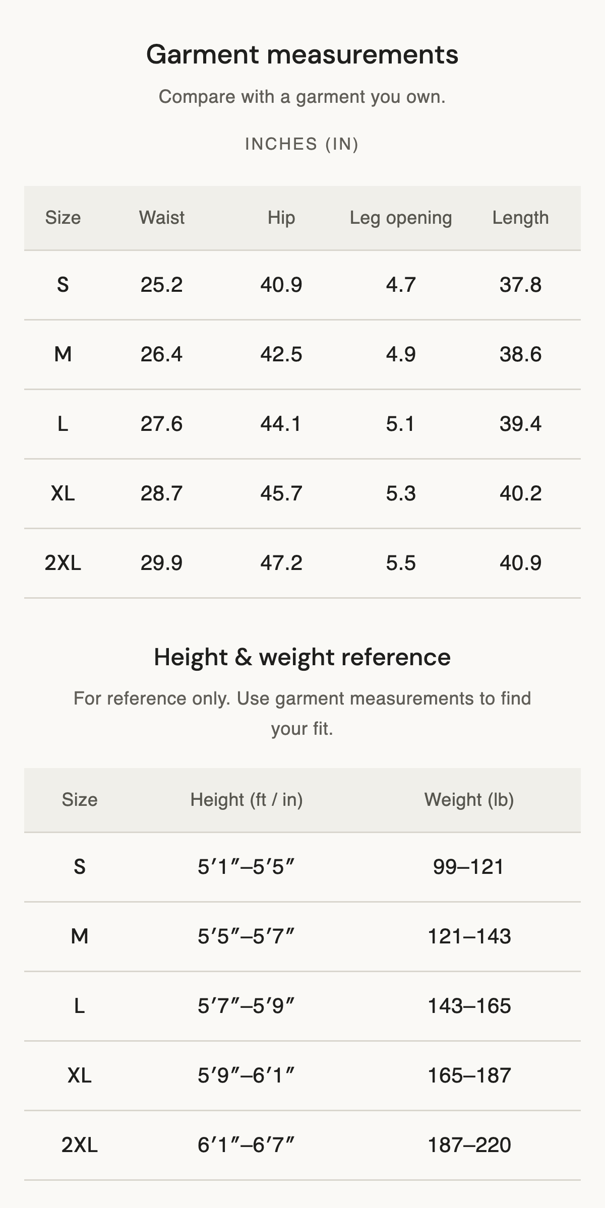 Size chart