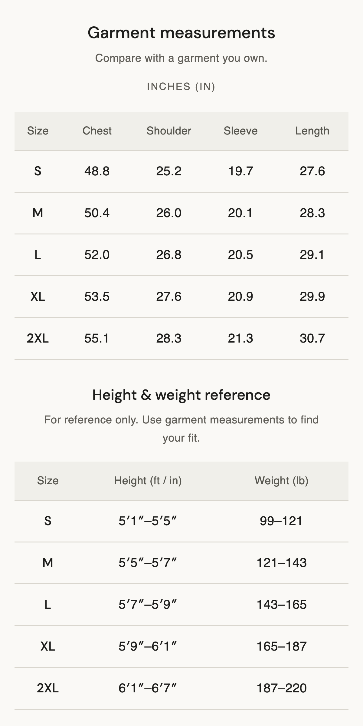 Size chart