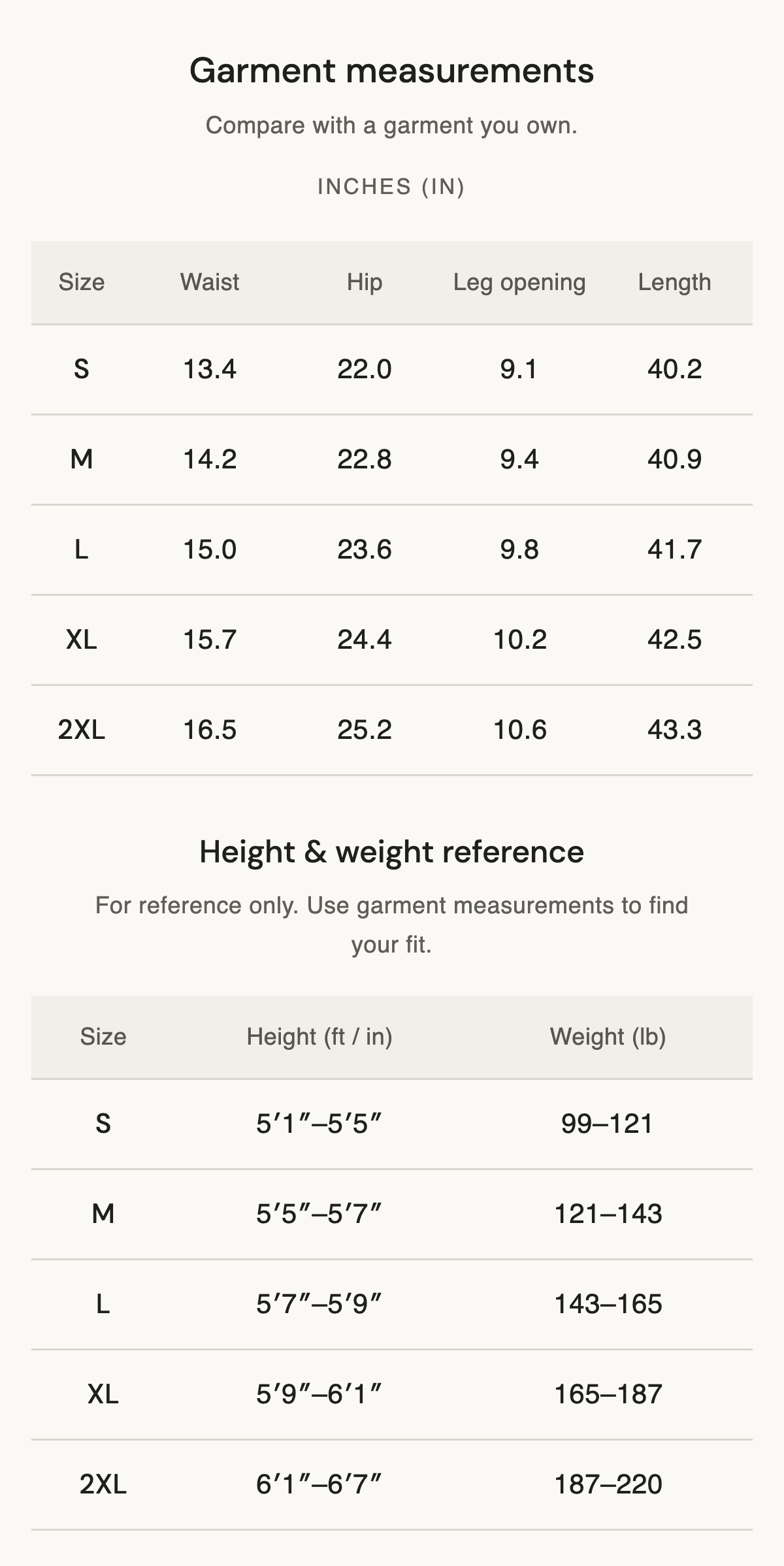 Size chart