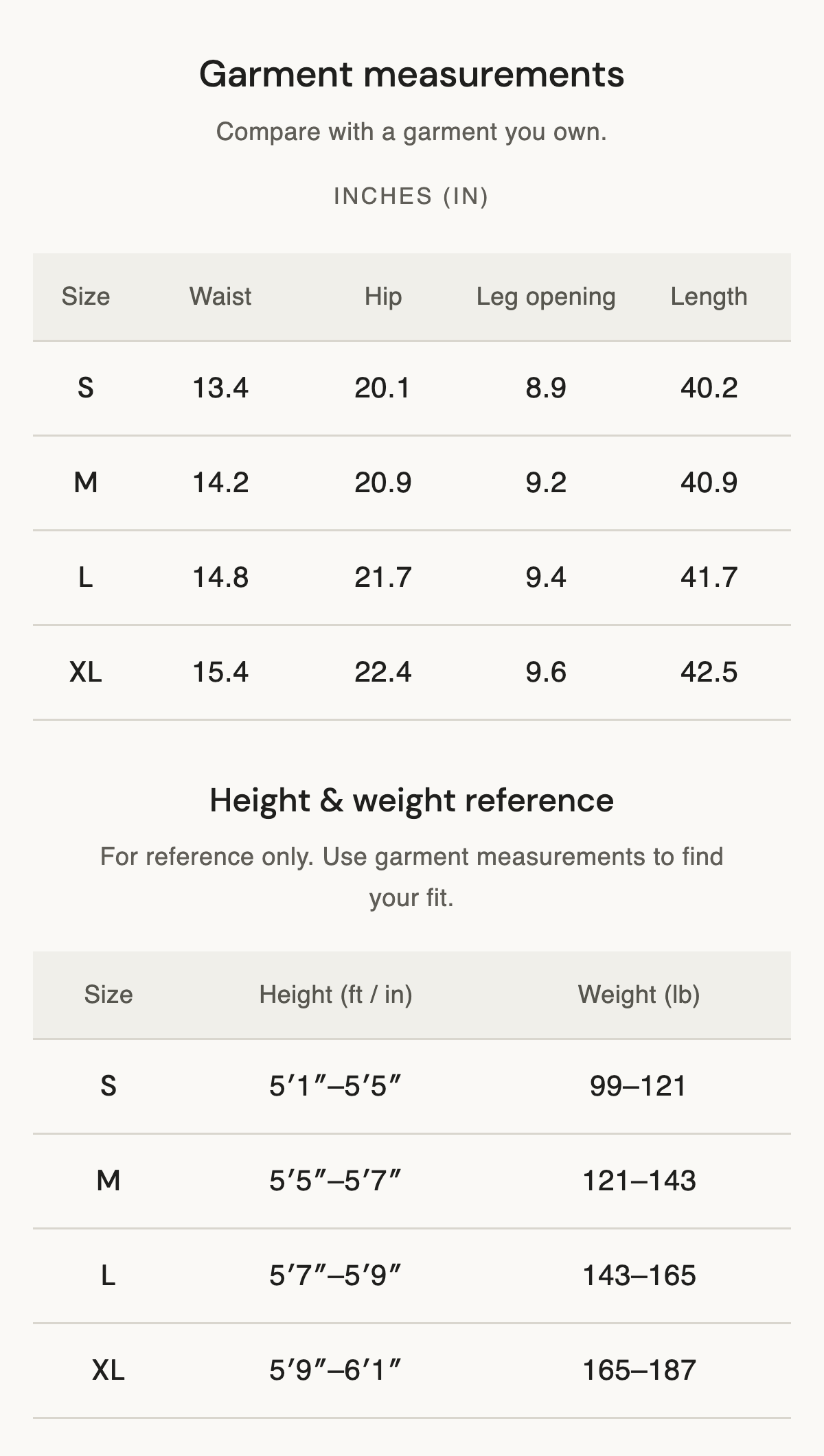 Size chart