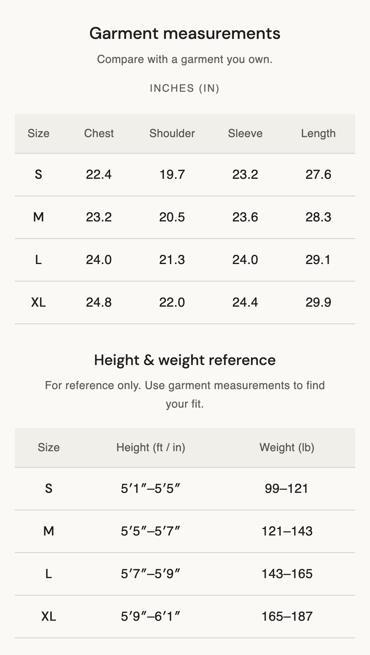 Size chart
