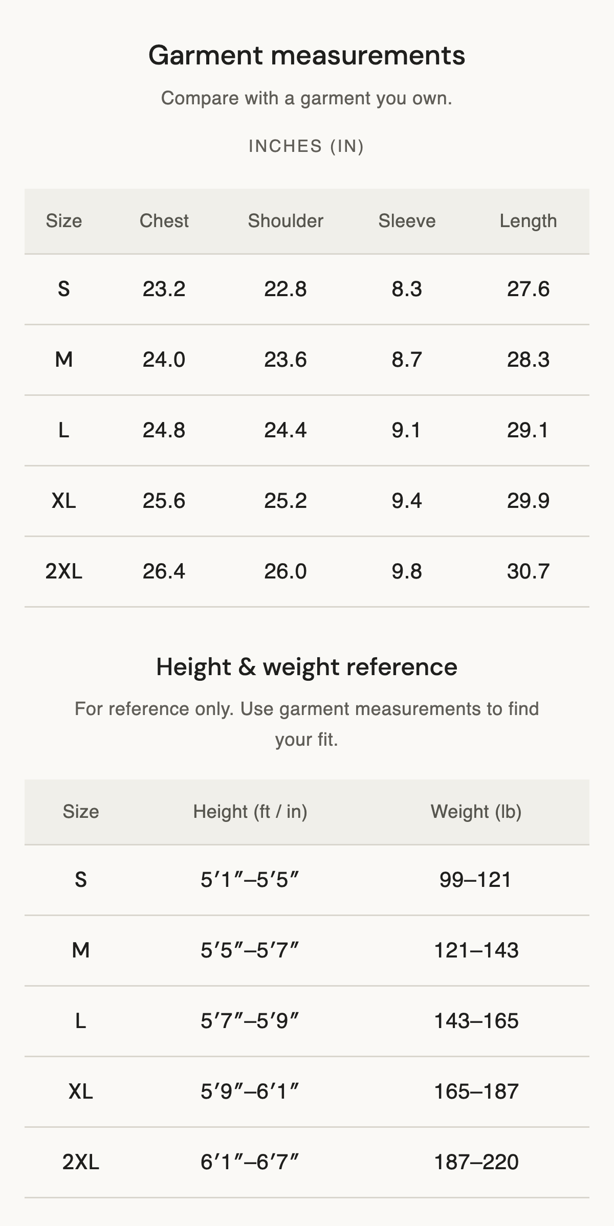 Size chart