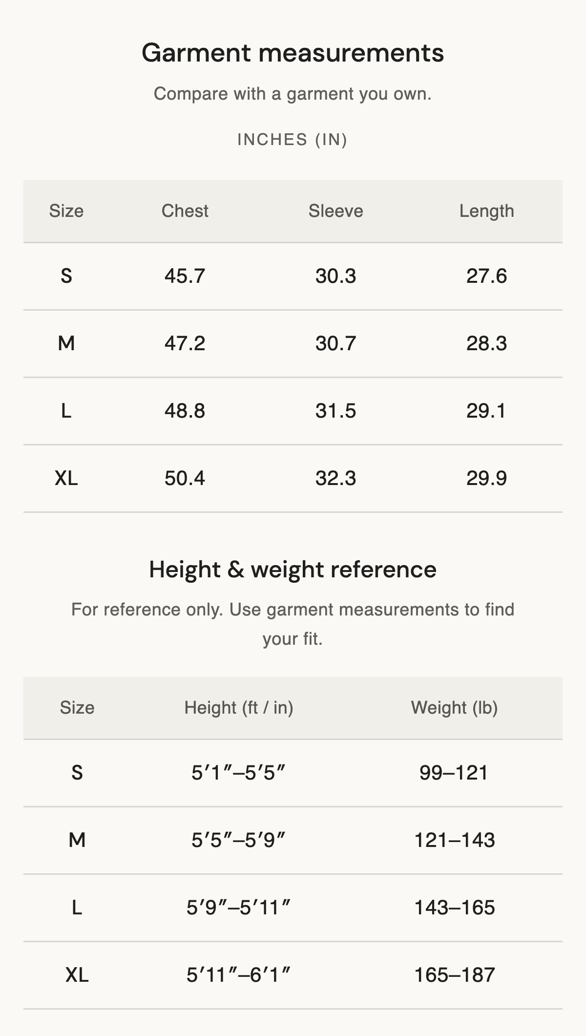 Size chart
