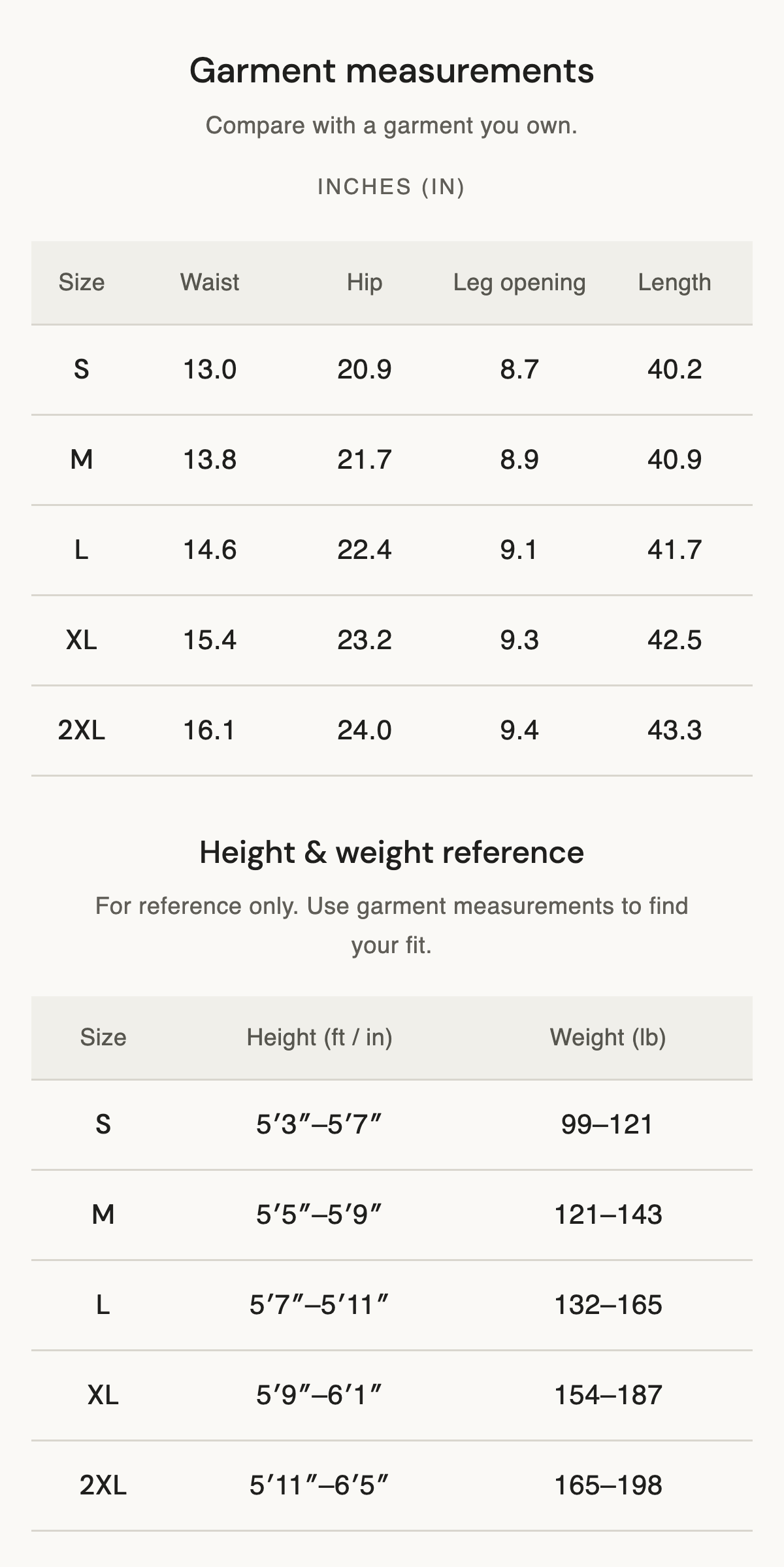 Size chart