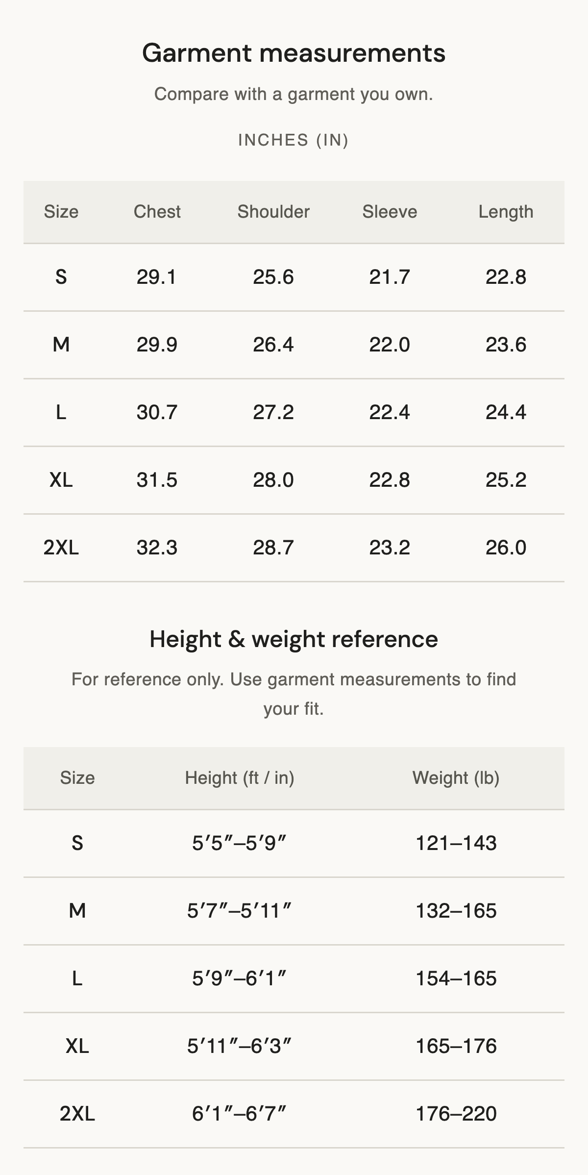 Size chart