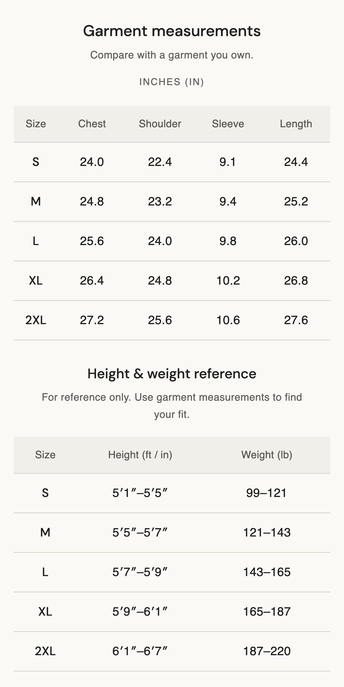Size chart