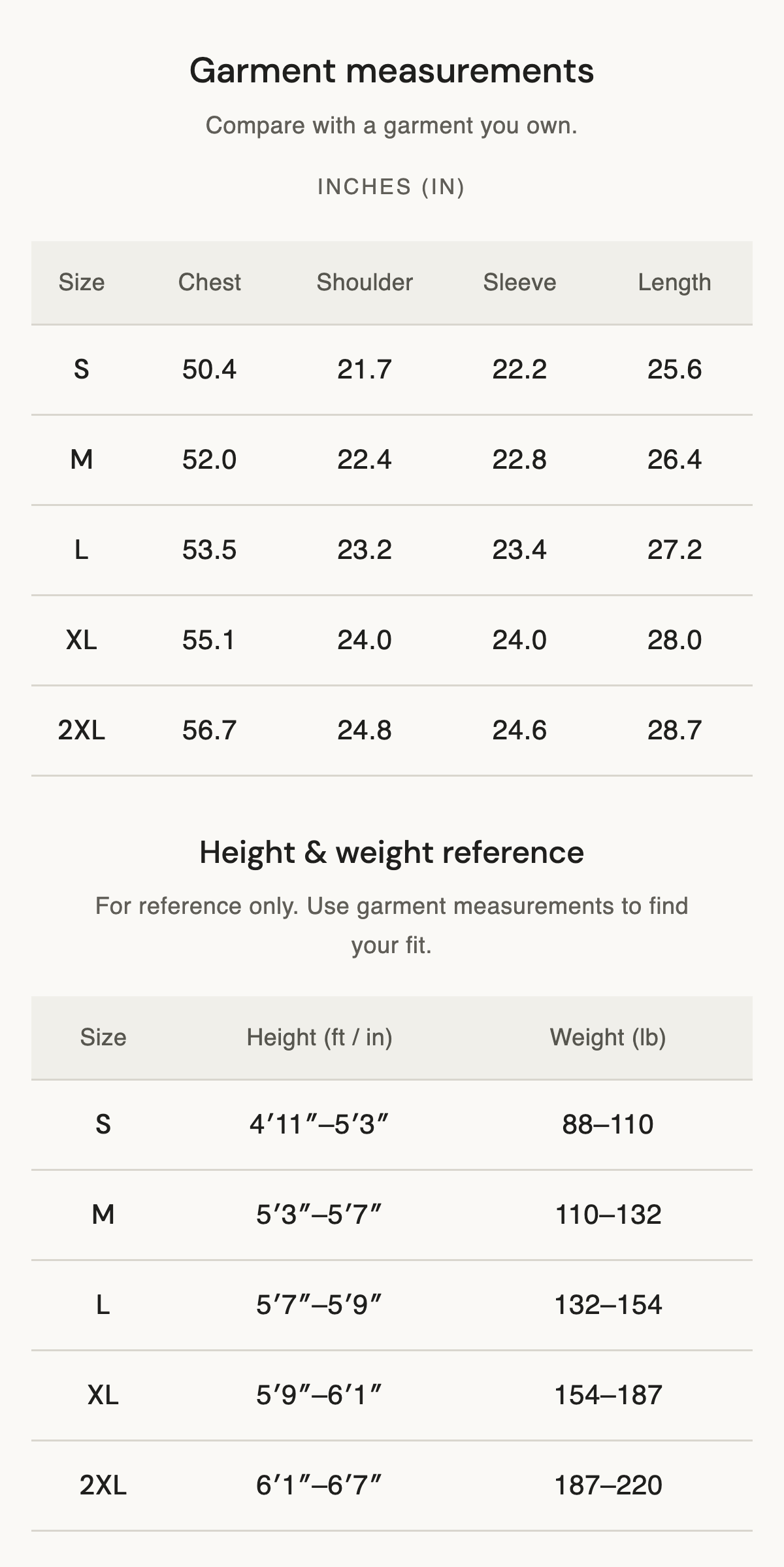 Size chart