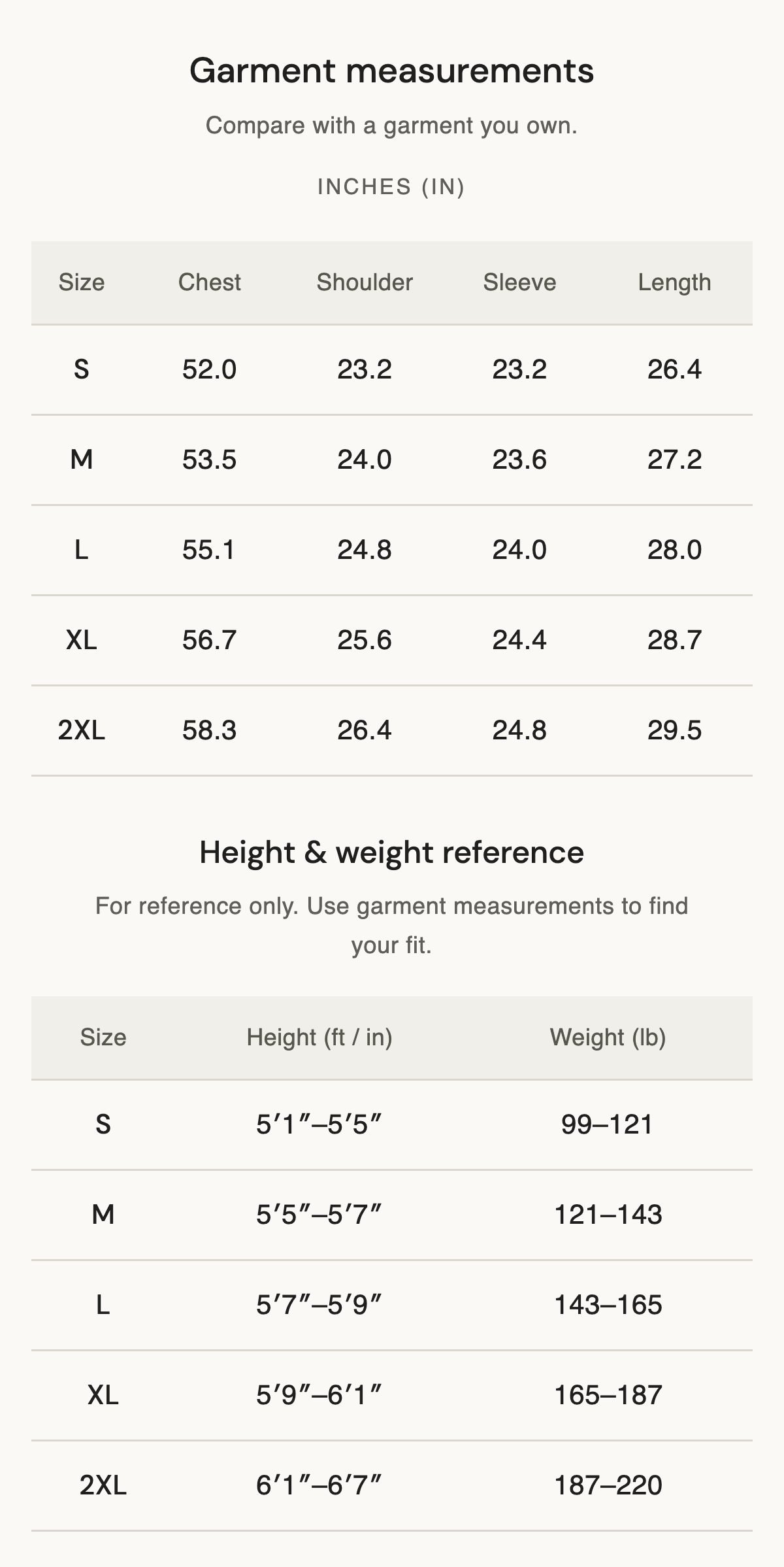 Size chart