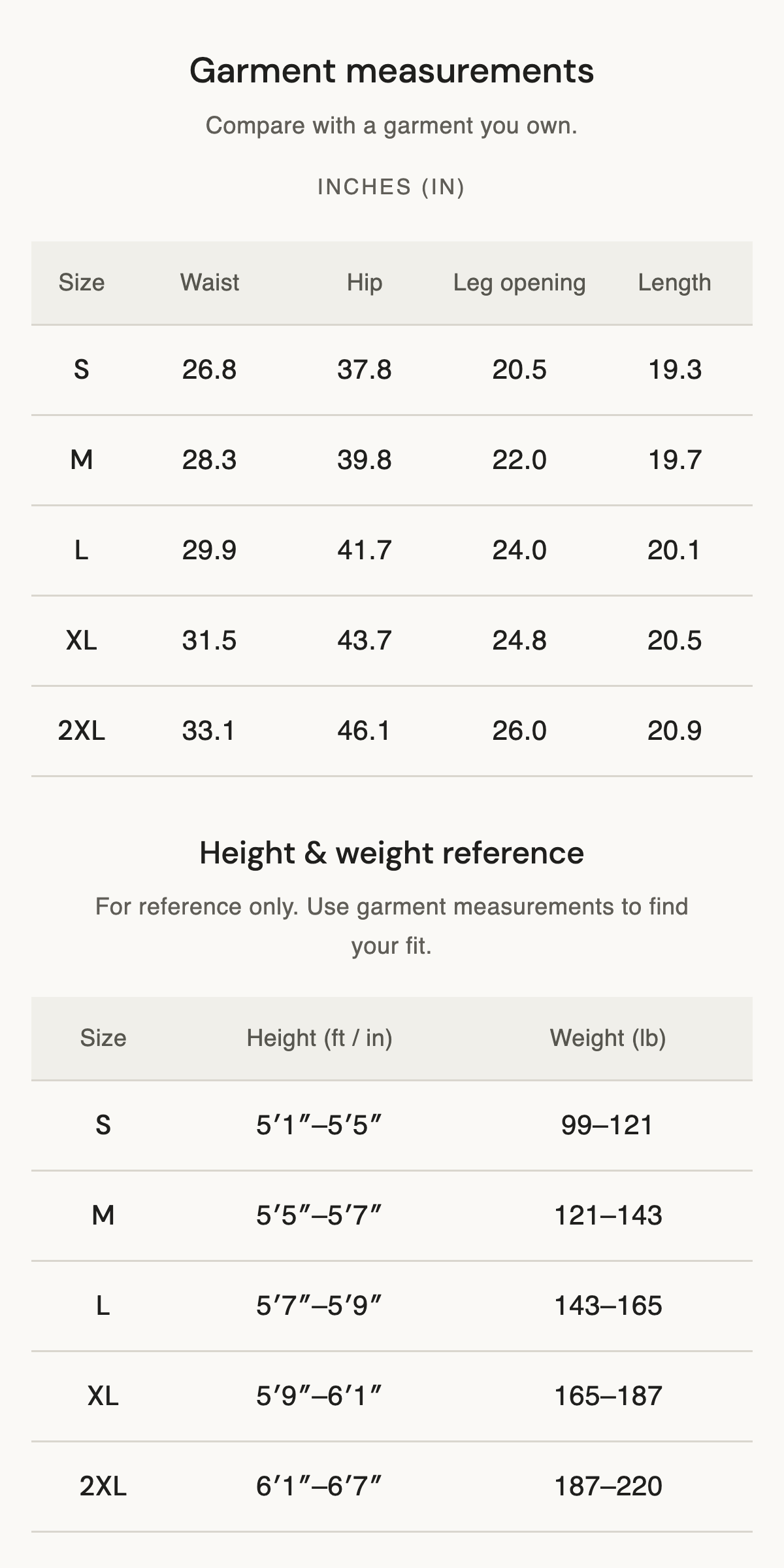 Size chart