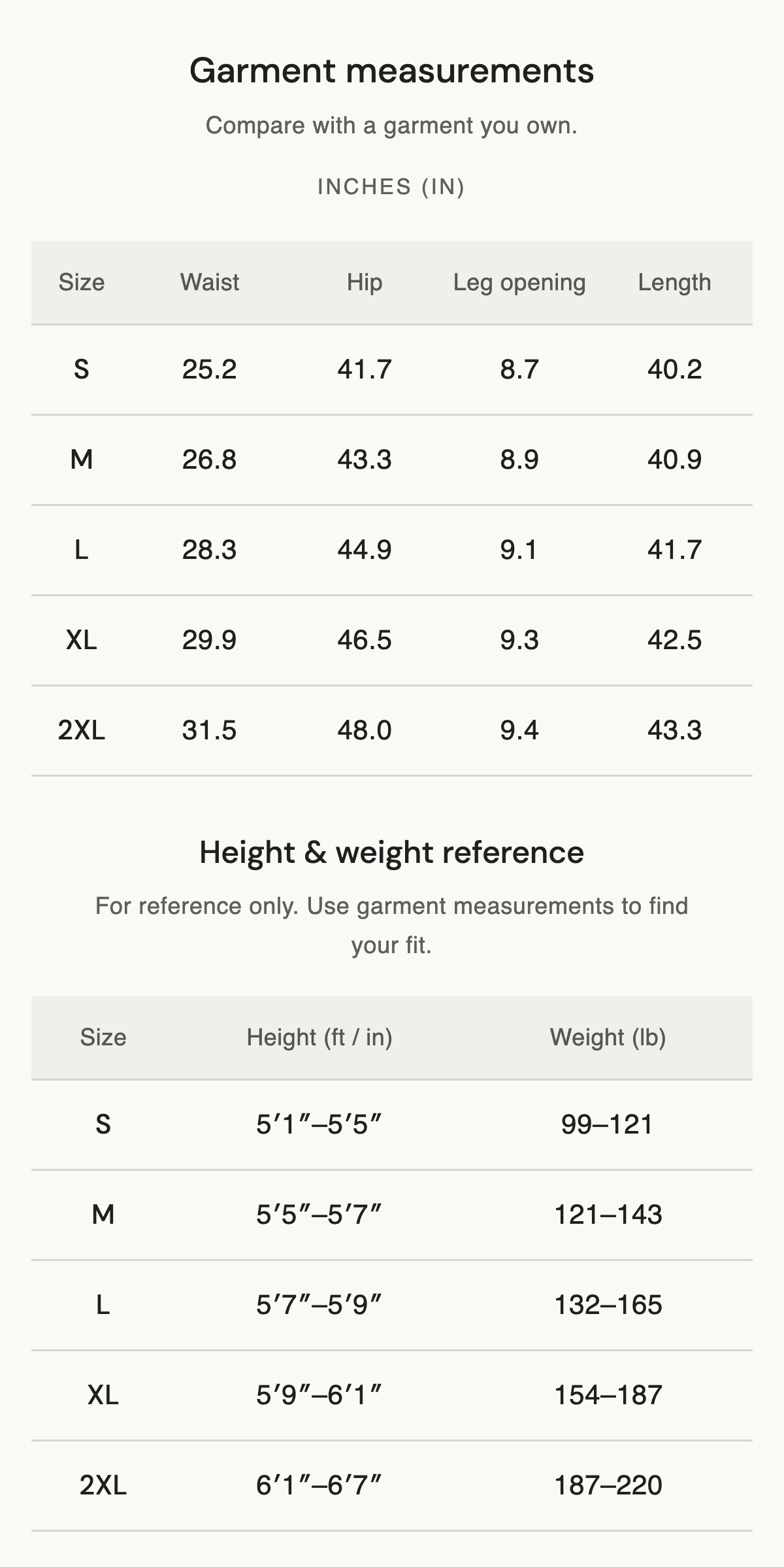 Size chart