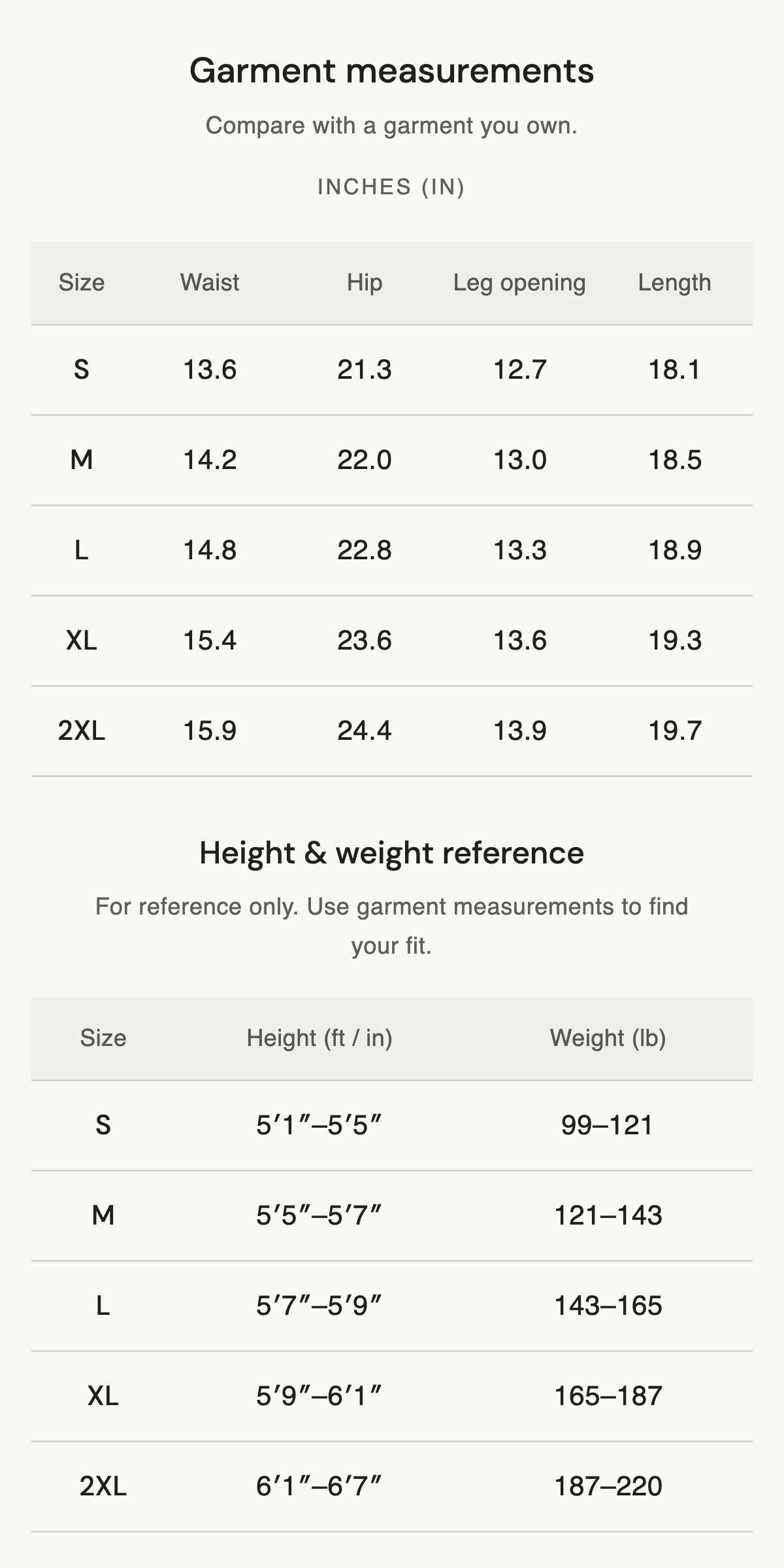 Size chart