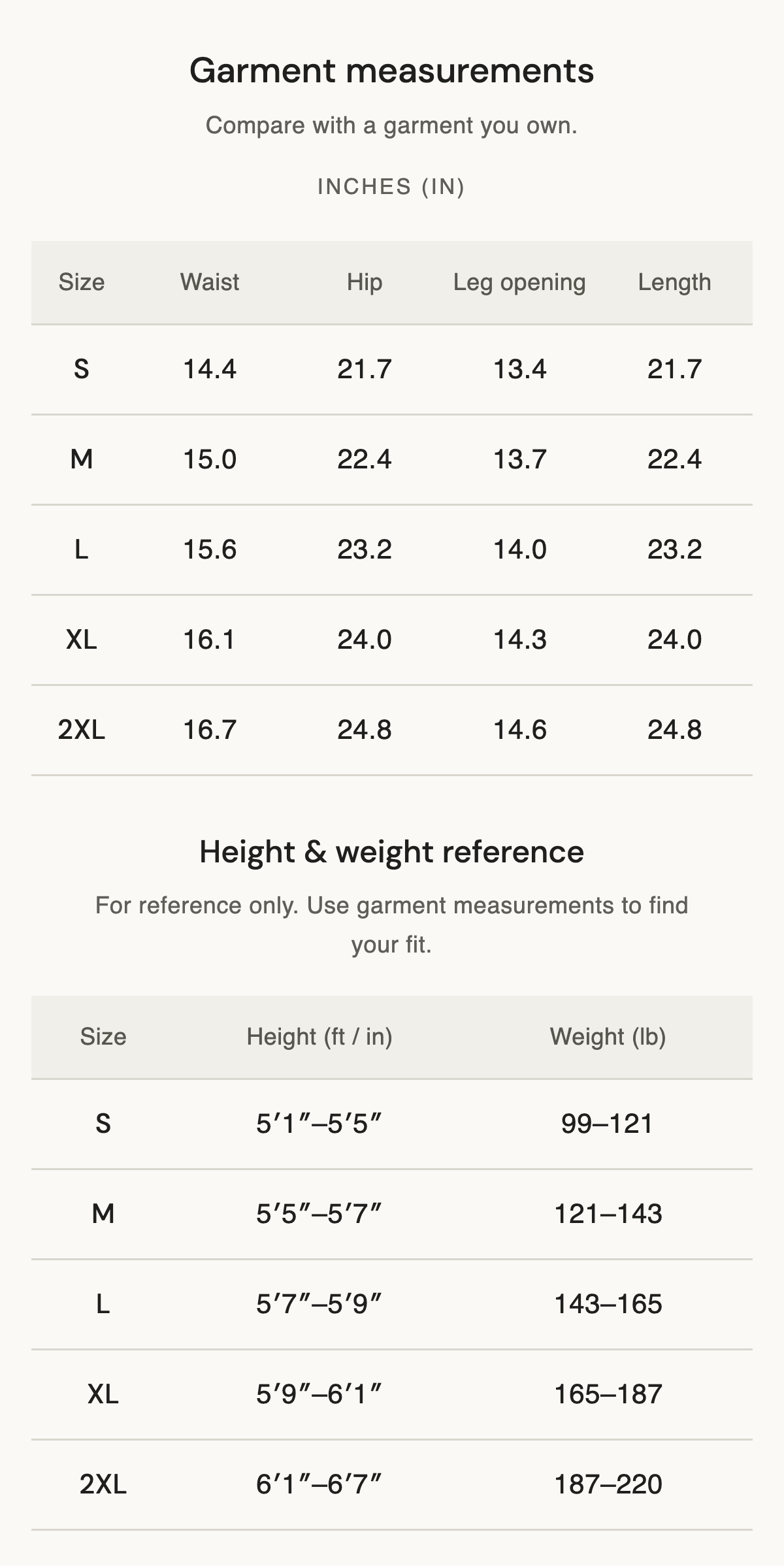 Size chart