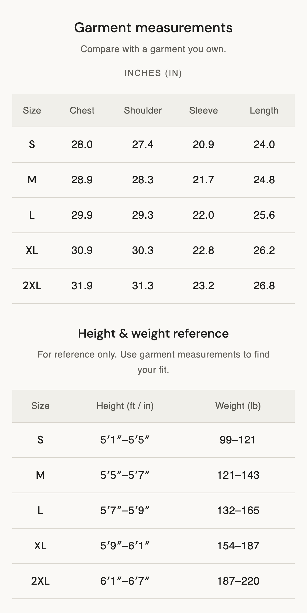 Size chart