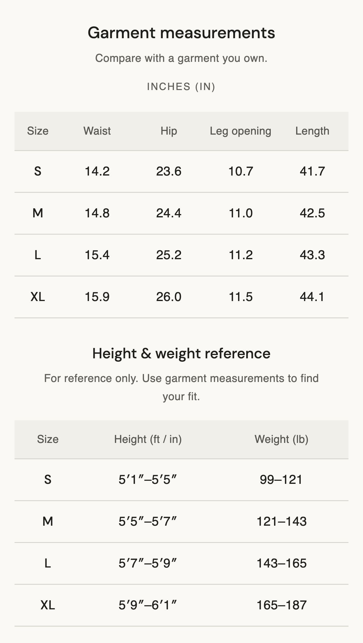 Size chart
