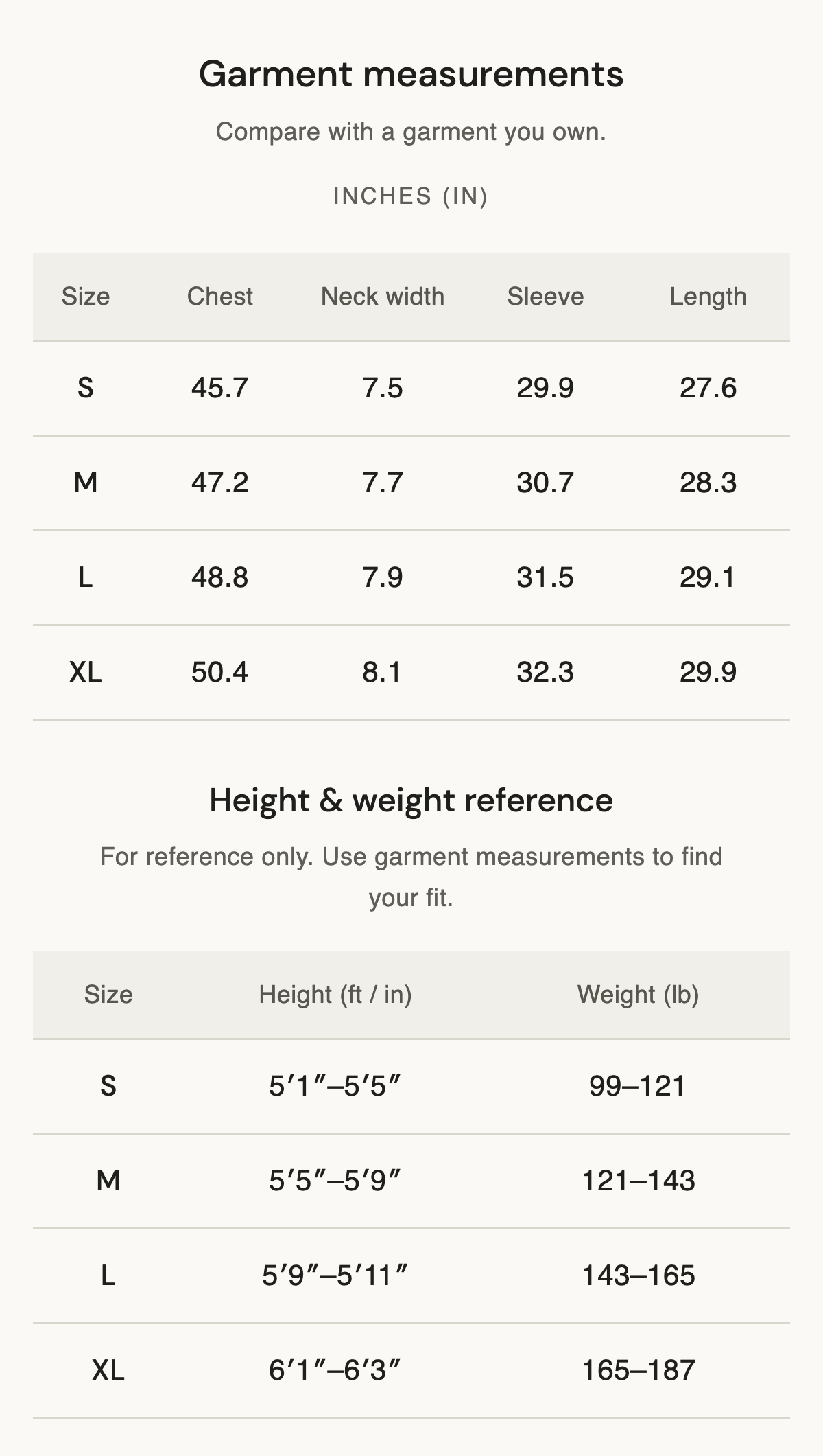 Size chart