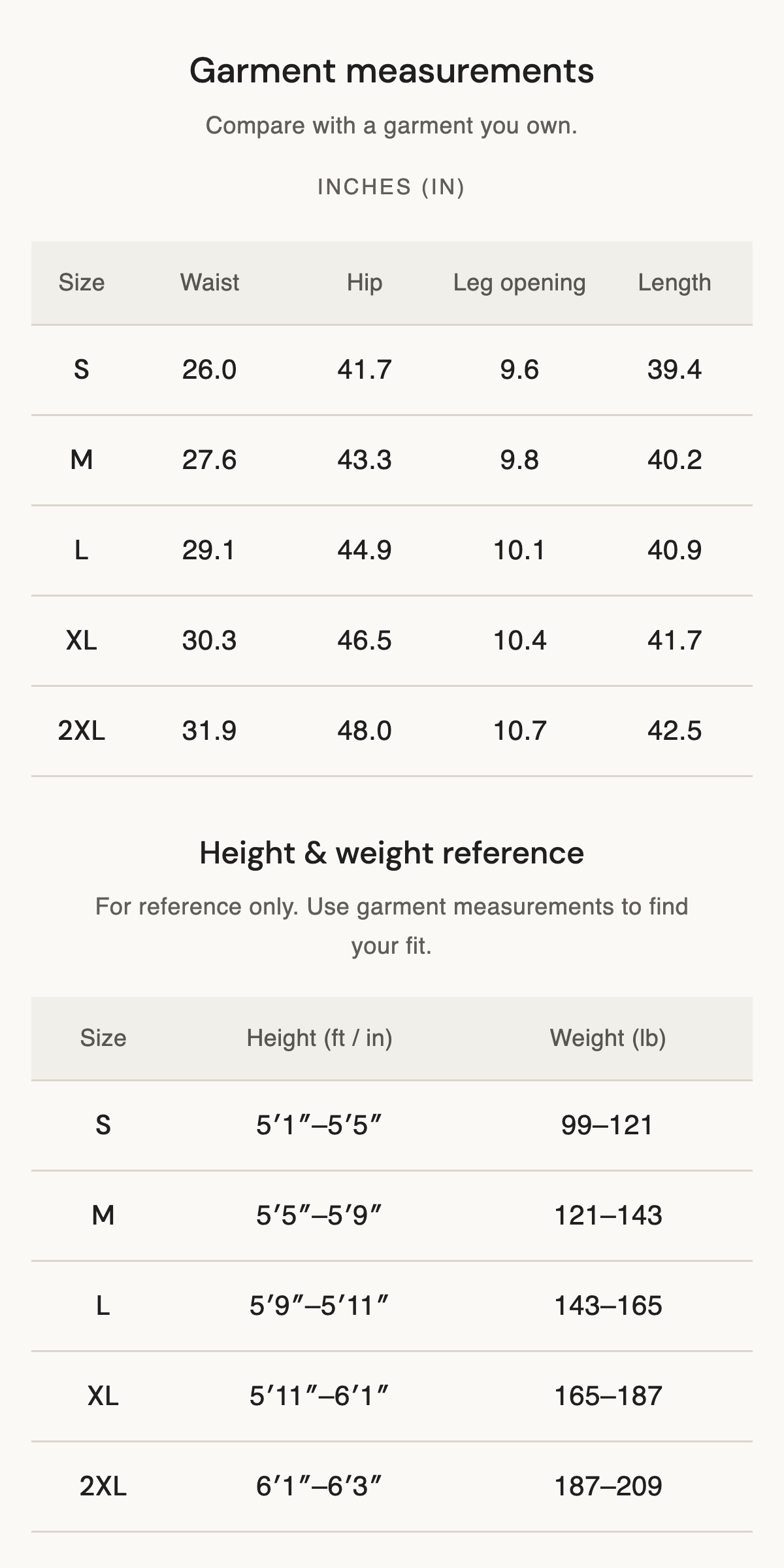 Size chart